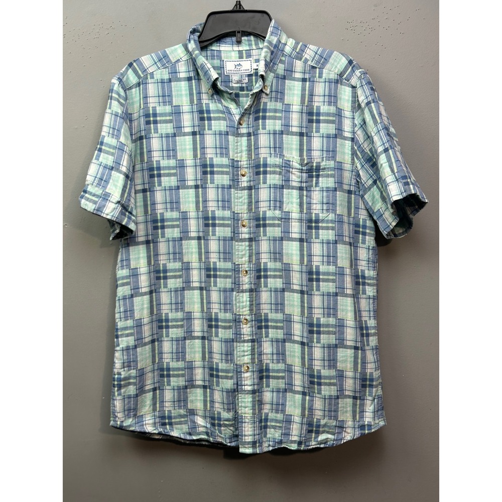 Southern Tide Shirt Mens M Blue Green Plaid Classic Fit Cotton Short Sleeve